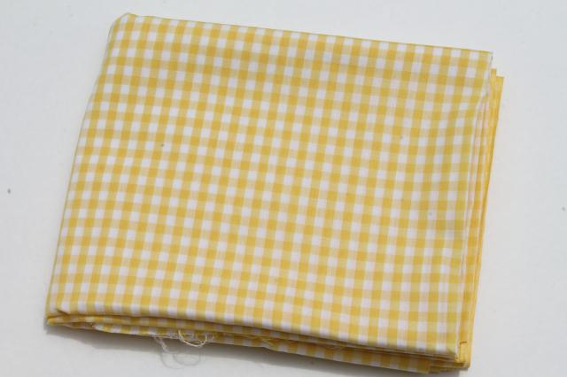 yellow & white checked gingham & solid broadcloth, retro vintage cotton blend fabric lot