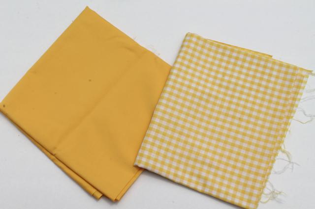 yellow & white checked gingham & solid broadcloth, retro vintage cotton blend fabric lot