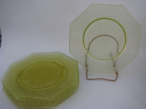 yellow-green vintage pressed glass crackle pattern plates, set of 6