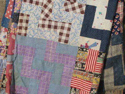 zig-zag blocks in many old prints, vintage print cotton fabric quilt top