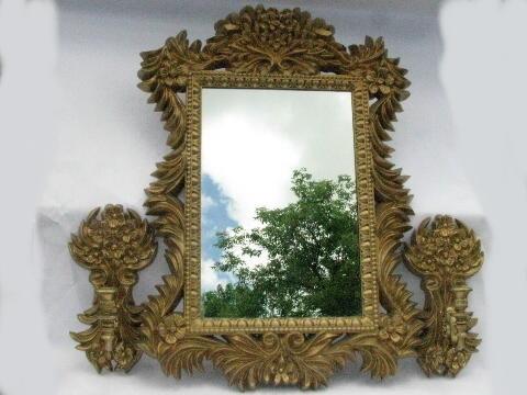 vintage mirror w\/ ornate french country rococo gold frame, candle wall sconces
