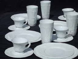 milk glass dishes, goblets, drinking glasses, dessert plates etc.