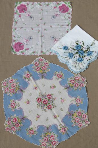  1950s 60s vintage flower print hankies, lot of 25 printed cotton handkerchiefs