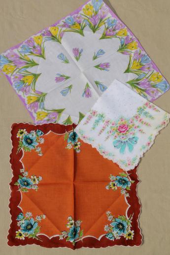  1950s 60s vintage flower print hankies, lot of 25 printed cotton handkerchiefs
