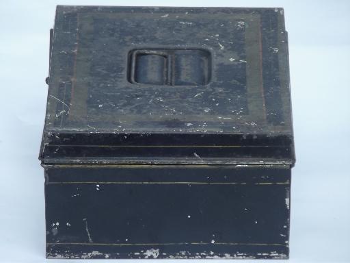 antique vintage tin document box, toleware deed box w/ worn original paint