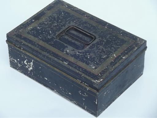 antique vintage tin document box, toleware deed box w/ worn original paint