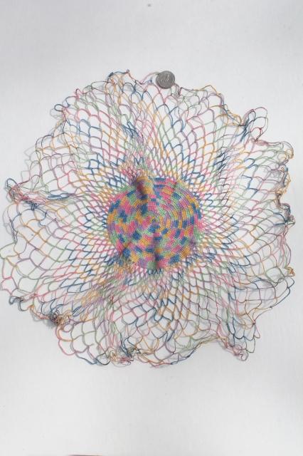 cotton lace crochet doilies lot, vintage pansies flower doily, rainbow thread doily