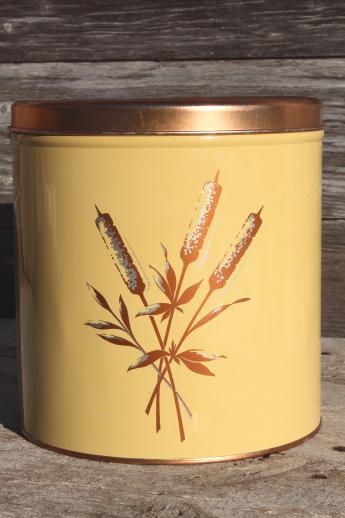 mid-century vintage Decoware kitchen canisters w/ copper cattails print, retro canister set