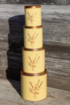 mid-century vintage Decoware kitchen canisters w/ copper cattails print, retro canister set
