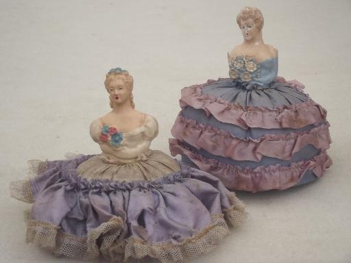  vintage figural lady sewing pincushions, lovely ladies chalkware dolls