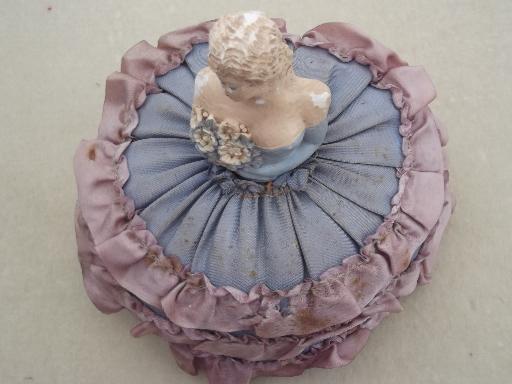  vintage figural lady sewing pincushions, lovely ladies chalkware dolls