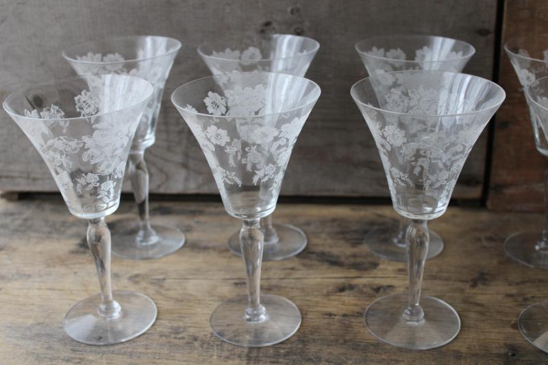 10 vintage water / wine glasses, etched rose elegant glass Morgantown Picardy Richelieu</