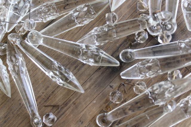 100+ antique pressed glass prisms or lusters, vintage chandelier teardrops w/ waffle pattern