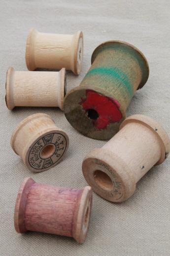 vintage wooden spools, old sewing thread spools, primitive wood spool lot