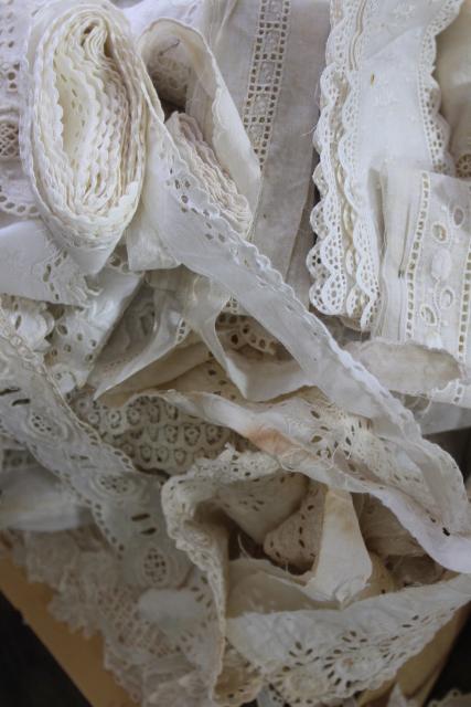 100s of pieces of antique & vintage cotton eyelet embroidered trim, edgings, flounces