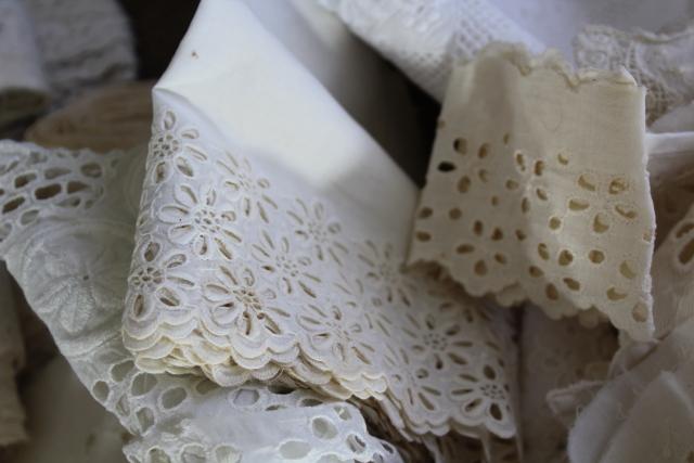 100s of pieces of antique & vintage cotton eyelet embroidered trim, edgings, flounces