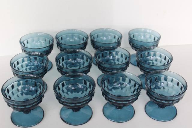 12 Riviera blue smoke glass sherbets or champagne glasses, cube pattern Colony Whitehall