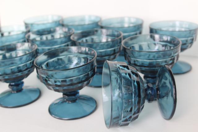 12 Riviera blue smoke glass sherbets or champagne glasses, cube pattern Colony Whitehall