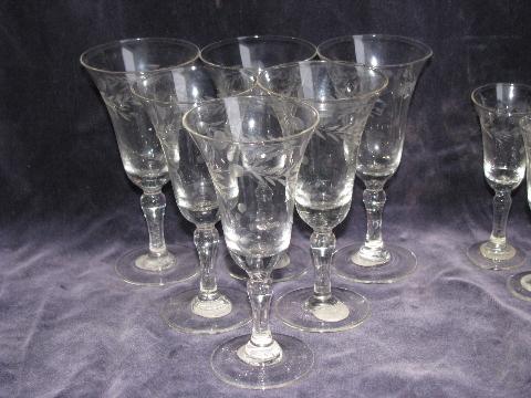 12 etched glass cordials or sherry glasses, tiny stemmed goblets ...