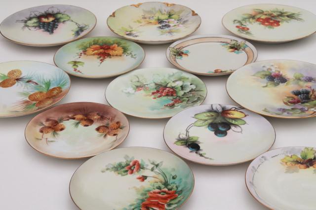 12 mismatched antique hand painted china plates, autumn summer harvest ...