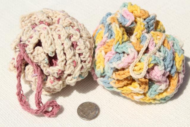 12 new hand knit crochet cotton wash cloth bath puff, round scrubby poofs for the shower