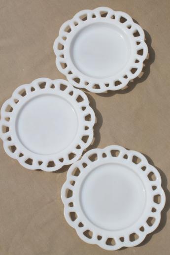 12 vintage milk glass plates, mismatched pattern glass cake or salad plates