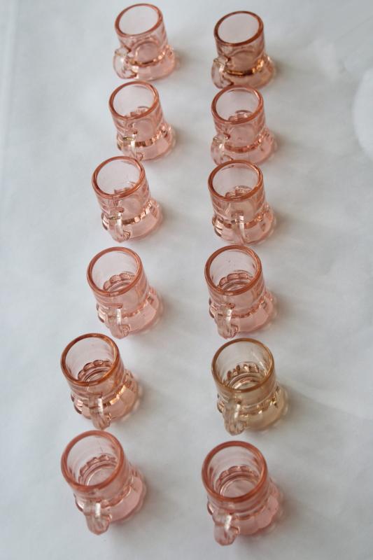 12 vintage pink depression glass shot glasses, tiny beer mugs Federal glass