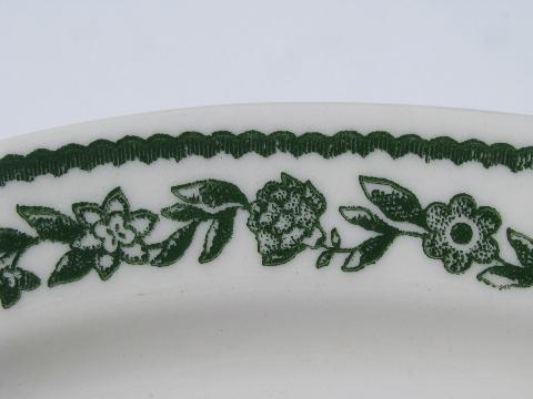 12 white ironstone / green floral border oval plates, vintage Buffalo china