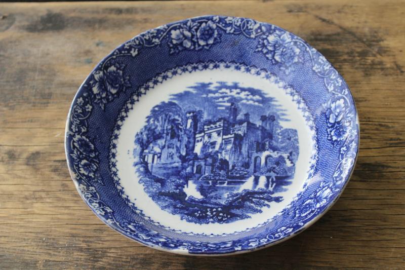 1800s antique Alhambra pattern flow blue & white soup bowl, 19th century vintage