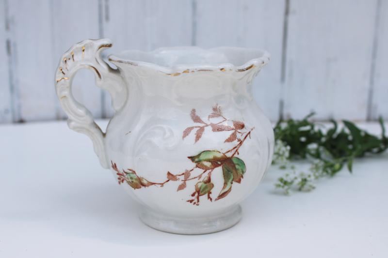 1800s antique ironstone china mug or milk pitcher, embossed shape w/ old roses transfer
