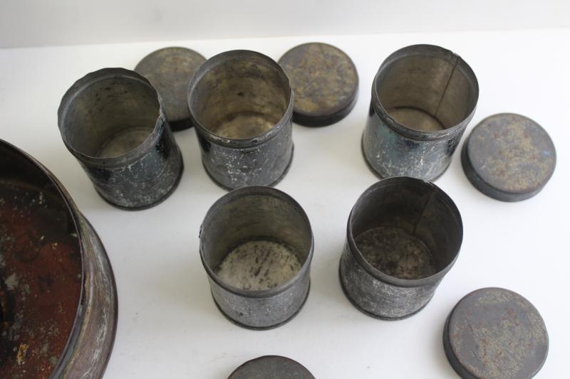 1800s antique toleware apothecary or spice box, metal canisters in round tin