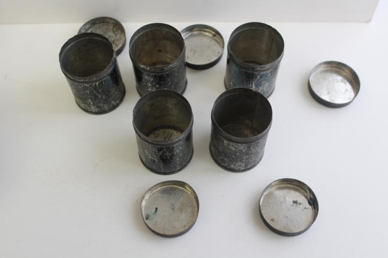 1800s antique toleware apothecary or spice box, metal canisters in round tin