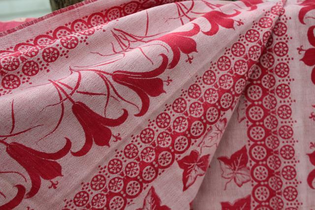 1800s antique turkey red linen damask tablecloth, ivy and lily woven pattern