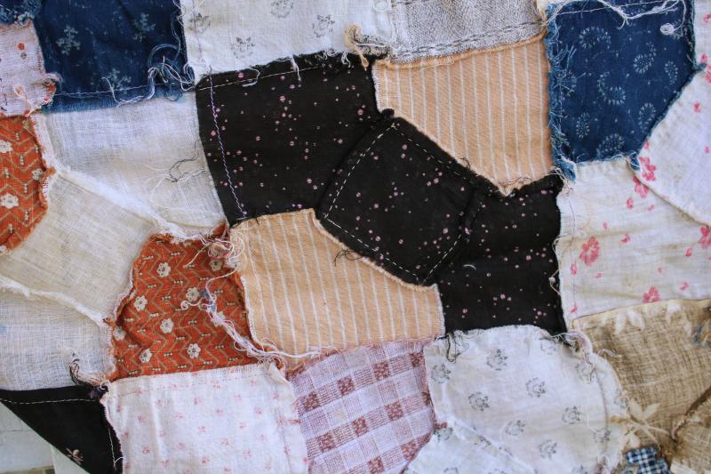 1800s vintage bow tie patchwork quilt top, antique cotton fabric shirtings & prints