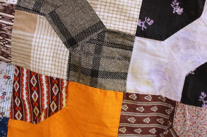 1800s vintage bow tie patchwork quilt top, antique cotton fabric shirtings & prints