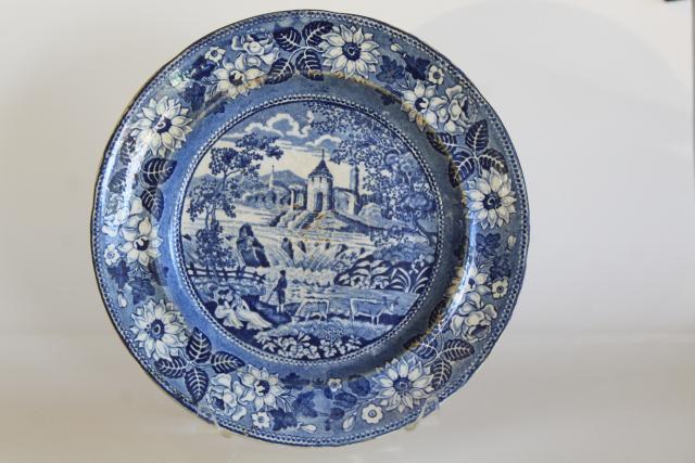1800s vintage scenic views transferware plate, antique blue & white printed pottery