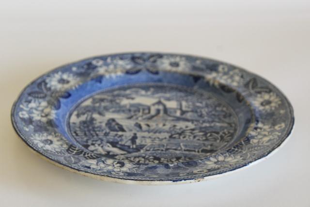 1800s vintage scenic views transferware plate, antique blue & white printed pottery