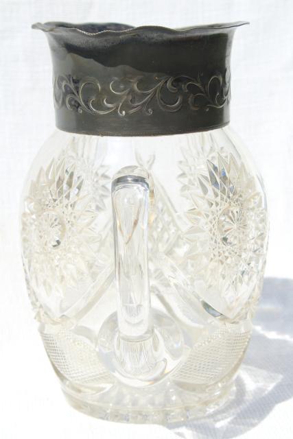 1800s vintage silver / glass lemonade pitcher, star pattern EAPG antique pressed glass