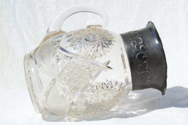 1800s vintage silver / glass lemonade pitcher, star pattern EAPG antique pressed glass