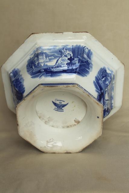 1850s antique blue & white ironstone octagonal bowl basin, Cupid & Psyche Grecian ruins Clementson Sydenham