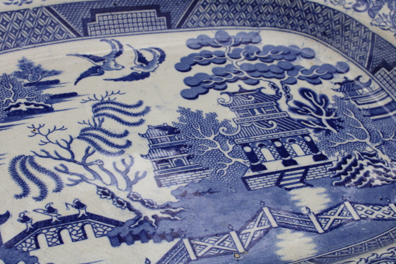 1850s vintage English ironstone platter, antique Blue Willow china William Emberton mark