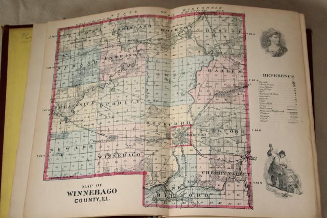 1870s antique book history genealogy maps Winnebago County Illinois, Rockford area