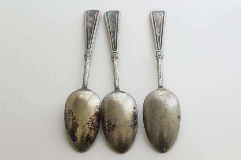 1880s aesthetic vintage silverplate tea spoons, 1847 Rogers silver Arcadian dancing nymph