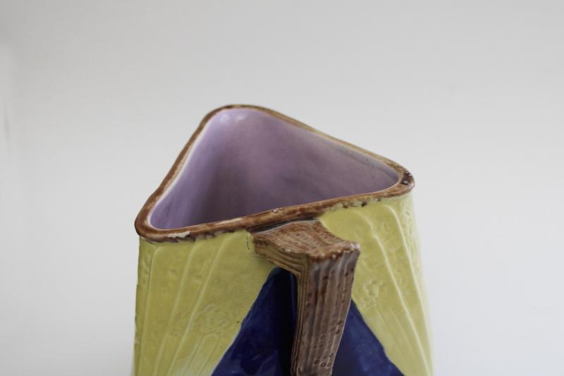 1880s antique Eureka majolica American art pottery pitcher triangular jug w/ bird
