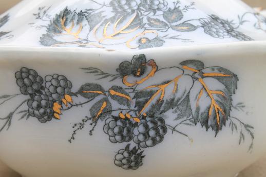 1880s antique Staffordshire transferware dish w/ cover, flow blue bramble berries