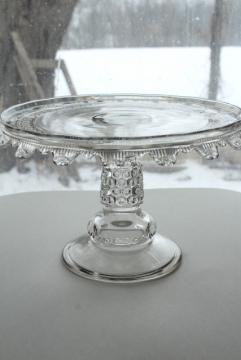 1880s antique cake stand, Wyandotte button band hobnail pattern pressed glass 