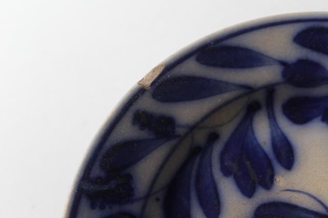 1880s antique flow blue brush stroke pattern plate, stamped marks