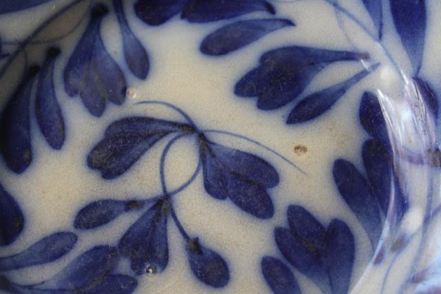 1880s antique flow blue brush stroke pattern plate, stamped marks
