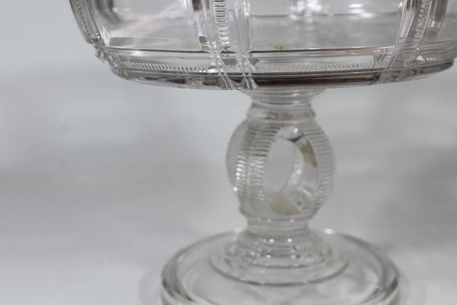 1880s antique pressed glass compote bowl w/ lid, Duncan EAPG Iowa or Cryptic Zipper pattern