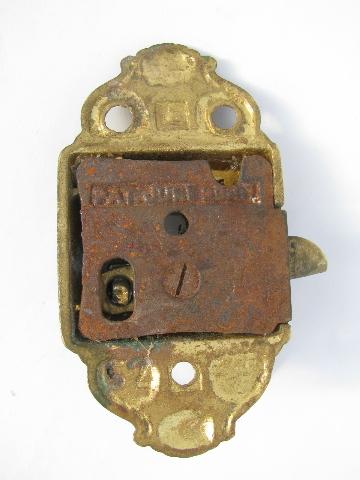 1880s vintage brass door lock w/ ornate embossed design, antique hardware